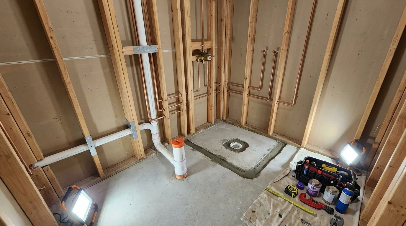 Bathroom rough-in plumbing during remodel by Johns Plumbing LLC in Hagerman