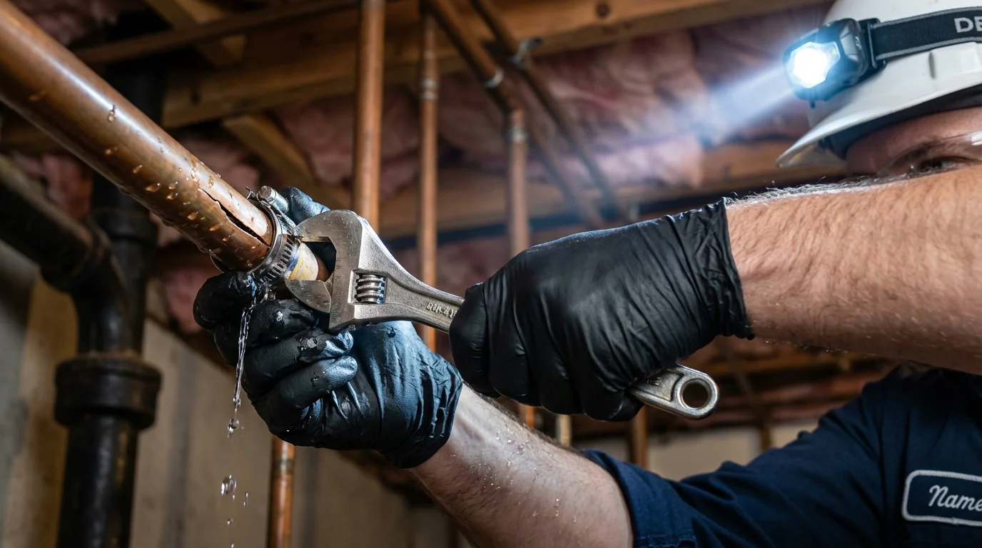 Emergency pipe clamp repair being performed by a Johns Plumbing LLC plumber in Hagerman
